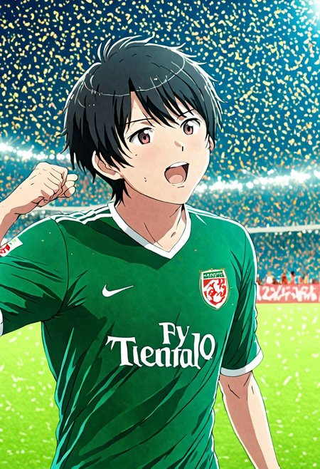 high resolution, solo, best quality, 1Boy, Inaho Kaizuka, Black Hair, soccer player, field, portrait, sport photography, celebration, OverallDetail