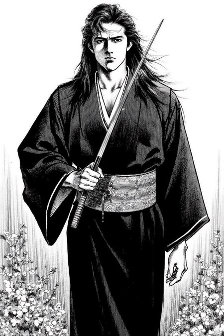 1keryo illustration. 
A tall Japanese Samurai Ronin with a stern, serious expression. He has long, dark hair. He is dressed in a traditional Japanese robe, which is black with intricate details. He is carrying two Japanese katanas on his waist. <lora:1keryo1_cap_d6a3e12:1.0><lora:826545552792698459:0>