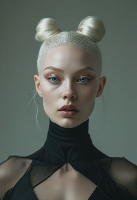 symmetrical front view, close up  shot, dark photo, a evocative medium shot of a beautiful albino woman, beautiful makeup, ballet dancer bun hairstyle, futuristic black fit clothes