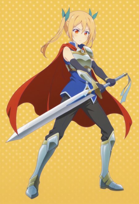anime screencap, anime coloring, <lora:DX888Akane:1> schwein, orange eyes, blonde hair, long hair, twintails, BREAK hair ribbon, red cape, armor, breastplate, shoulder armor, blue shirt, elbow gloves, black pants, armored boots, BREAK simple background, yellow background,  polka dot background, BREAK     holding sword, fighting stance,