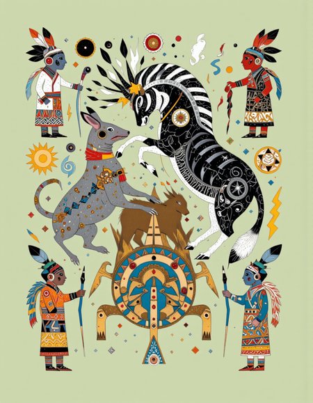 Art by Caroline Smith. A vibrant and colorful illustration featuring a stylized, abstract design with a mix of geometric shapes and patterns. the background is a light green color, and the illustration is centered in the middle of the image. around the central figure, a black and white striped animal with a star-shaped headdress is interacting with a small, brown creature with a long tail. the creature is facing the viewer and appears to be interacting with the creature, while the creature on the left is facing away from the viewer. on either side of the animal, two small, colorful figures with intricate patterns and faces are interacting with each other. the figures are wearing traditional clothing with geometric patterns, and one of them is wearing a headdress with feathers. the creatures are surrounded by various decorative elements, including a sun, a star, and a lightning bolt. the overall style is reminiscent of traditional tribal art, with bold lines and bright colors that bring the scene to life.