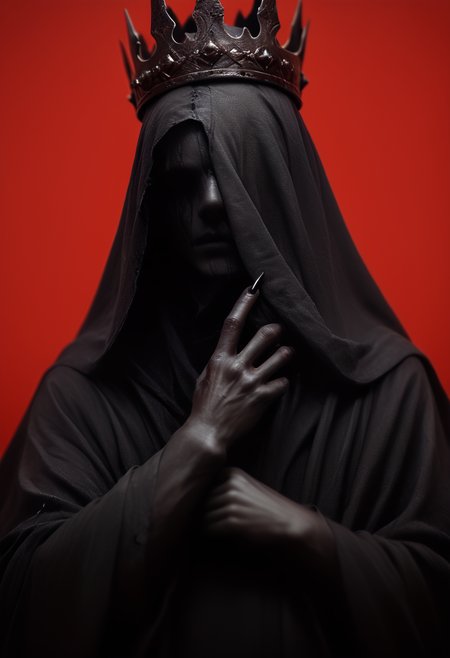 (score_9, score_8_up), score_7_up, 1girl, Highly detailed RAW color Photo, cowboy shot, long sleeves, upper body, hood, wide sleeves, fingernails, 1hand up, black skin, cloak, black claws, hood up, robe, sharp fingernails, covered face, no face, emotionless in black, crown, 
dark lighting, dof, depth of field, realistic, red background, simple background, light partials, CINE, fire embers, low-key,
<lora:unholy-000009:0.8> <lora:CINE-000008:0.4> <lora:- SDXL - vanta-black_contrast_V3.0:0.5>  <lora:- SDXL - covered_in_stuff_V1.0:0.8> <lora:hand 4:0.5>