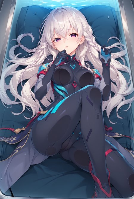 score_9, score_8_up, score_7_up, score_6_up, score_5_up, score_4_up,anime source,
  Mai(Ensemble), purple eyes, braid, long hair, white hair, hair between eyes,
 evasuit09,plugsuit, black bodysuit, 
on back,against glass, one knee up,<lora:MaiXLPony:1>,<lora:Evasuit09XLPony:1>