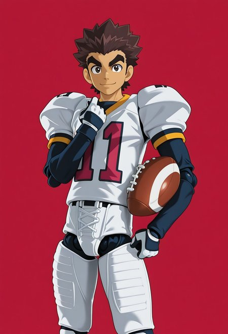 figma, figure anime style, PVC, male, High Quality, perfect anatomy, HD, anime style, break
TAROU RAIMON, 1boy, solo, alone, brown hair,  thick eyebrows, dark brown eyes, athletic build, smiling, posing, looking at viewer, football uniform, tight uniform, red and white uniform,