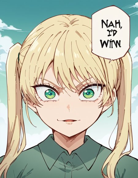 score_9, score_8_up, score_7_up, source_anime, <lora:rika-hoshizaki-s2-ponyxl-lora-nochekaiser:1>, rika hoshizaki, green eyes, blonde hair, twintails, large breasts,, <lora:nah-id-win-ponyxl-lora-nochekaiser:1> nah id win, nah i'd win (meme), english text, speech bubble, meme, talking, straight-on, portrait, , ,