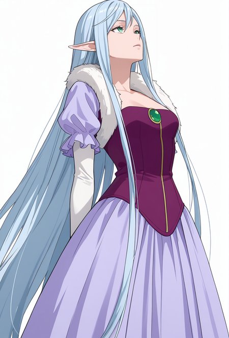 Smooth Quality,masterpiece,very intricate, high quality details, ultra realistic, high detailed skin,detailed enviorement,absurdres,
simple background, white background, 
,crazy,standing, arms behind back, looking up, calm expression, relaxed posture,  ,
 <lora:El-Ru_Sarion_Elmesia_cnn:0.8>elmesiacnn,1girl, green eyes, pointy ears, blue hair, very long hair,
purple dress,white gloves, elbow gloves,fur trim,