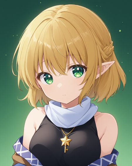 mizuhashi parsee,1girl, solo, white_scarf, simple_background, upper_body, closed_mouth, cropped_torso, bare_shoulders, green_background, black_shirt, looking_at_viewer, off_shoulder, undershirt
<lora:mizuhashi_parsee_image5693_2023-12-17-000005:1>,star-shaped_pupils,symbol-shaped_pupils,. gorgeous,key visual, vibrant, studio anime,award-winning, professional, highly detailed,high budget, cinemascope