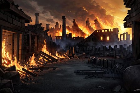 (masterpiece:1.2), (best quality,:1.2), 8k, HDR, ultra detailed, ((photorealistic)), professional light, cinematic lighting, fashion photography, ambient lighting,<lora:detail_slider_v4:3>, ruins of a burned! down village!, wood houses, FanRu <lora:FantasyRuins-10:0.7>, epiCPhoto