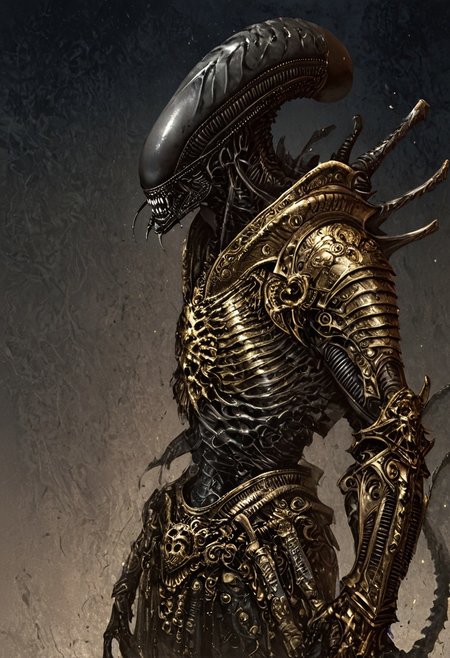 score_9, score_8_up, score_7_up, score_6_up, score_5_up, score_4_up,<lora:Fant5yP0ny:0.8>, xenomorphic creature from Lords of the Fallen, black templar armor, gold sword of Pieta, solo, gold eyes, blood on face, art by hr giger, ornamental armor, bronze cuirass
