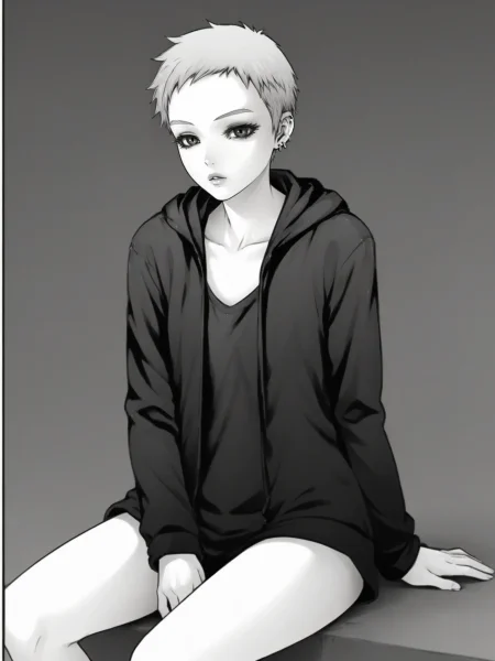uncensored, score 9 up, score 8 up,
 <lora:futari_switch_Manga_Character_1_PonyXL:1>,[futari_switch]_manga_character_1, monochrome, greyscale, hoodie, sitting, very short hair, jacket, eyelashes, parted lips, earrings, jewelry, tomboy, 1girl, standing, looking at viewer,