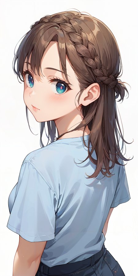 score_9, score_8_up, score_7_up,source_anime, high res image,masterpiece,best quality,girl,cute face,clear skin,shiny hair,ultra detailed eyes,simple background,   <lora:half up braid_pony_V1.0:1> half up braid,from behind