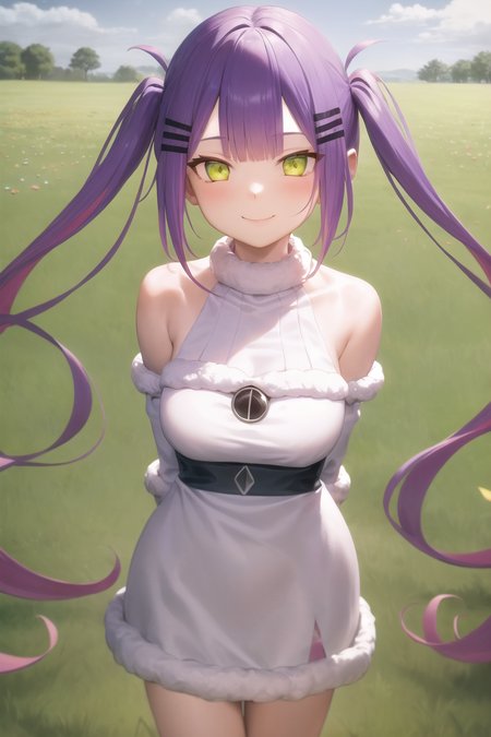 masterpiece,highres,best quality,tokoyami towa,fur-trimmed dress,fur trim,long hair,grass,field,medium breasts,white dress,twintails,purple hair,smile,closed mouth,cape