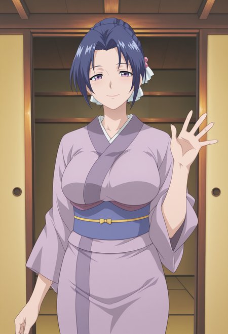 1girl,solo,mm,mature female,blue hair,hair ornament,hair bun,purple eyes,large breasts,anime coloring,
kimono,obi,sash,looking at viewer, smile,waving, cowboy shot, indoors
,masterpiece,best quality,amazing quality,<lora:Azusa-Ryoujoku_Hitozuma_Onsen_il:0.8>