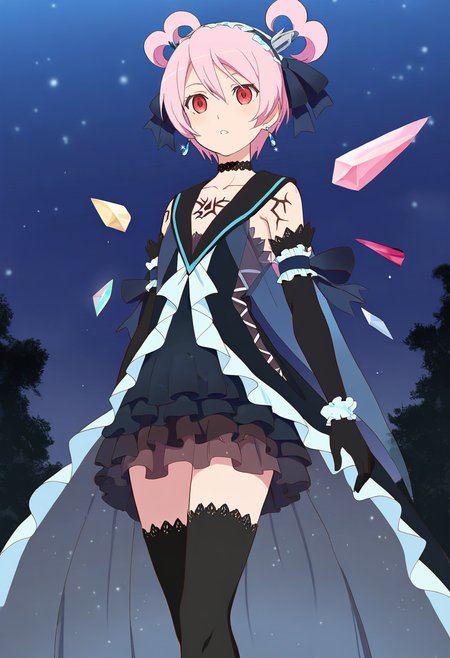 masterpiece, best quality,  <lora:dark_kanonno1:1>, 1girl, solo, pink hair, dark kanonno, black dress, black thighhighs, hairband, elbow gloves, earrings, jewelry, choker, tattoo, earrings, night sky, cowboy_shot, full body,