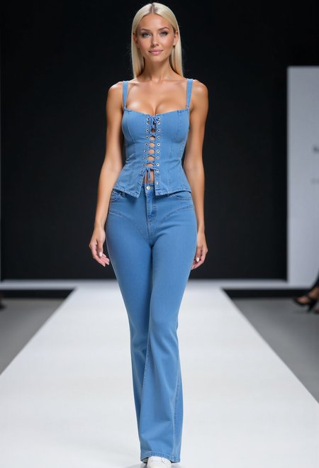 beautiful young woman, blond ponytail, medium round breasts, smile,clo020, wearing a mid-blue wash corset-style denim top with lace-up front, high-waisted flared jeans, modern styled white sneakers, posing on a catwalk