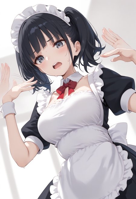 score_9, score_8_up, score_7_up, source_anime,
1girl,solo,medium breasts, maid, maid headdress,
fanning self,fanning face, hand up, motion lines, sweatdrop, sweat, hot,<lora:fanningself_Pony_v1:0.8>
dutch angle, wide shot, looking down, black hair, silver eyes,badmood, open mouth, tri tails hair,