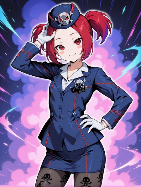 tour guide from the underworld, blue jacket, 1girl, solo, smile, hand on own hip, white gloves, looking at viewer, blush stickers, blue headwear, white shirt, skull print pantyhose, blue pencil skirt, hand on own head
masterpiece,best quality,amazing quality,very aesthetic,absurdres,newest,<lora:tour guide, beat cop, muckraker from the underworld EX illuXL v1:0.76>,