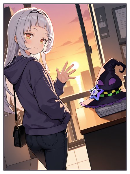 masterpiece, best quality, amazing quality, very aesthetic, absurdres, newest, solo, office, volumetric lighting, sunset, outside border, black border, dutch angle, vivid colors, office
BREAK 1girl, murasaki shion, hoodie, pants, handbag, looking at viewer, waving, light smile, head tilt, from side, walking away, black outline, doorway, exit sign, from behind, looking back, glass door,
BREAK murasaki shion \(cosplay\), witch hat, hat stand, faceless, glowing, desk, folded clothing, pinstrip top, skirt, hat on desk,
