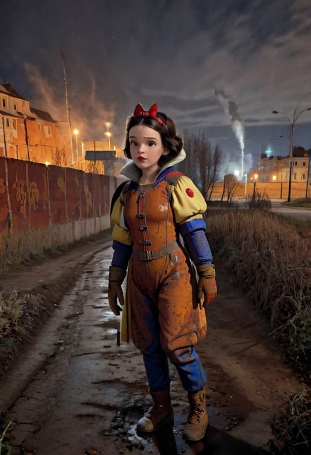 Rusted, rusted landscape, an Disney princess Snow White,  wearing a Hazmat suit, walking on a side walk in a run down russian city, smoke, chem trails, extreme close-up, portrait, raw, masterpiece, extreme insanely realistic detailed and intricate, extreme realistic detail, doomer aesthetics, depressing feelings, night, panelka,vintage painting,painting,realism,