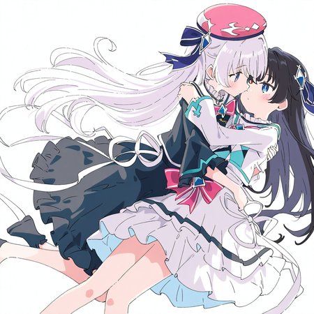 2girls,simple background,white background,hug,looking at another,
BREAK tairitsu,<lora:tairitsu-000016:0.9>,1girl,(black skirt:1.2),black hair,no hat,black dress,
BREAK <lora:xikali>,xikali,1girl,white hair,hat,white dress,, masterpiece, best quality, very aesthetic, absurdres,newest, incredibly absurdres,, (Ixy:0.6)),(hiten \(hitenkei\):0.7),