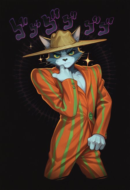 masterpiece, best quality, Graphic Design, color art, vibrant colors, colorful, intricate details, high contrast, detailed background, beautiful detailed, beautiful face, detailed eyes, detailed face, new, newest, z00tt0m, 1boy, solo, male focus, furry, cat, yellow sclera, green eyes, grey fur, whiskers, hat, formal, suit, striped jacket, striped pants, simple background, black background, cowboy shot, dynamic pose, orange aura, menacing, looking at viewer, serious face, g10rn0, pulling own clothes, jojo pose,