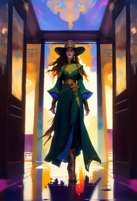 score_9, score_8_up, score_8_up, ((Cinematic composition)),((masterpiece)), (resplendent highlighting), 8k. Photorealistic
1girl, (full body). A stunningly beautiful elven girl walks through saloon doors. She’s wearing cowboy clothing on top of her elven garb. Bow on her back, quiver on her belt. Chaps, cowboy boots, Cowboy hat in her hand, (camera angle from below), deep rich colours, ((full body)) long hair, pointy ears. (resplendent spotlight on her face). Brilliant chaotic atmosphere.
Double exposure.
Ink, Charcoal and colourful oil pastels. impressionistic. faded watercolours (Klimt :1.2) dadaistic collage (by Bill Sienkiewicz:1.5), strikingly alluring face. brilliant spotlight effect. Vibrant thick dripping paint. Intense detail, realistic, dynamic shadows and contrasts. Matte and faded background colours. unreal parts, alluring, fluid, perfection, gothic. (Luminous skin dynamically spotlighted), Illustration, (klimt:0.8) (Bill Sienkiewicz:1.5). maximum detail, Chinese watercolor and ink technique. Gold leaf highlights.
<lora:xl_more_art-full_v1:0.4> <lora:epi_noiseoffset2:1>3