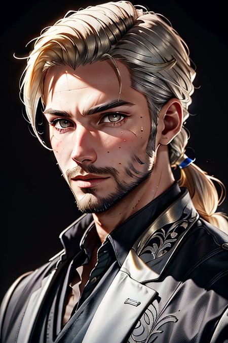 Master piece, highest quality, highest possible OverallDetail, semirealistic,  silver eyes,
Create an elder of a cultivator sect. 
The character looks like he is in his early twenties.
He has a blond ponytail and has a long blond-golden beard. 
His eyes are siilver eyes. Detailed face.