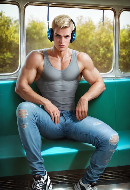 (score_9, score_8_up, score_7_up), canon eos 5d mark iv, highly detailed, photorealistic, raw photo, depth of field, masterpiece, very well drawn, 1boy, male focus, muscles, detailed biceps, blonde hair, fade cut, sitting on a train, manspreading, spreading legs, shoes on train seat, delinquent, androgen, manly, masculinity, headphones listening to music, looking at viewer, wearing gray tank top, serious, denim pants, <lora:OMG-Is-DucHaiten_v1.0:0.8>