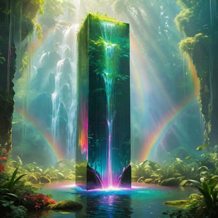 Symbolic artwork, a floating geometric monolith bathed in ethereal light, a cascading waterfall of vibrant liquid crystal, a spectrum of rainbows dancing in the refracted light, lush vegetation bursts with life beneath the monolith, energized by the crystal flow, stylized, bold colors
