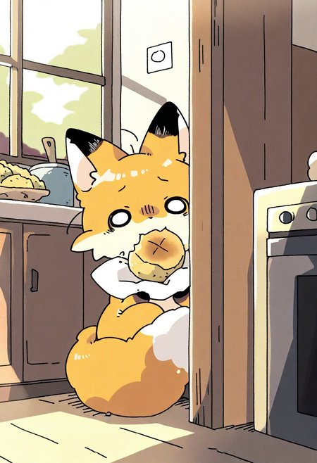 "(masterpiece, best quality, high quality, highres), very awa, highres, absurdres,
(naguru \(cyoroama\), (chii-kun \(seedyoulater\):0.7), 
(fox:1.1),
(no humans:1.1), (cute:1.2), comfy, solo, cozy,
eating, sunny day, cozy kitchen, indoors, food, window, hiding, scared, surprised, "