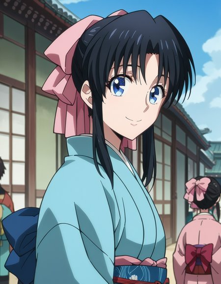 score_9, score_8_up, score_7_up, source_anime,
kaorukamiya, <lora:kaoru-kamiya-ponyxl-lora-nochekaiser:1>
kaoru kamiya, blue eyes, black hair,
japanese clothes, kimono, sash, obi, pink bow, bow, hair bow,
outdoors, smile,
looking at viewer, dutch angle, cowboy shot