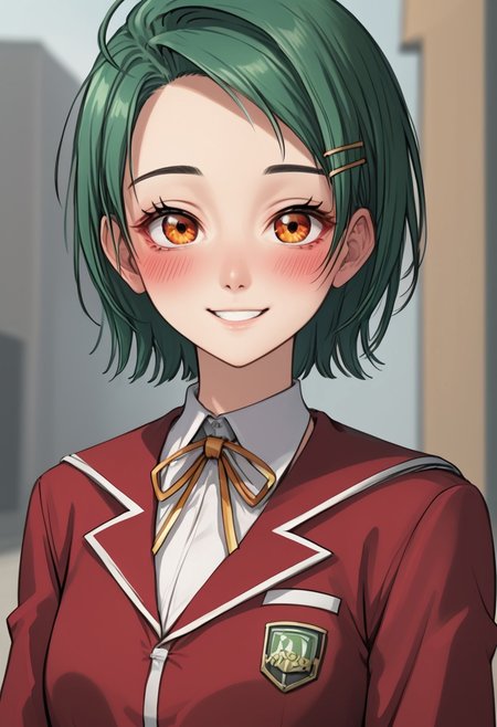 score_4,score_5,score_6,score_7_up,score_8_up,score_9
((masterpiece,best quality,ultra detailed,highres,HD,4k:1.2)),
1 cute girl,solo,
Erika,lime green hair,very short hair,orange eyes,((hairpin)),parted bangs,
school uniform, red cardigan, black miniskirt,
blush, smile,