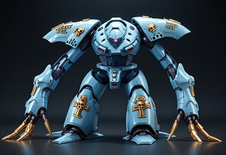 score_9, score_8_up, score_7_up, source_anime, front view, BREAK,  ( hygogg, blue_hygogg_armor, pink monoeye, from side, looking at viewer, long arms, very long arms, long claws) 1mech, blue mech, wide mech, large shoulders, large shoulder armor, mech focus, solo, BREAK, two arms, GreyK40k, bendy arms, gold trim, skull decorations, gold edges,