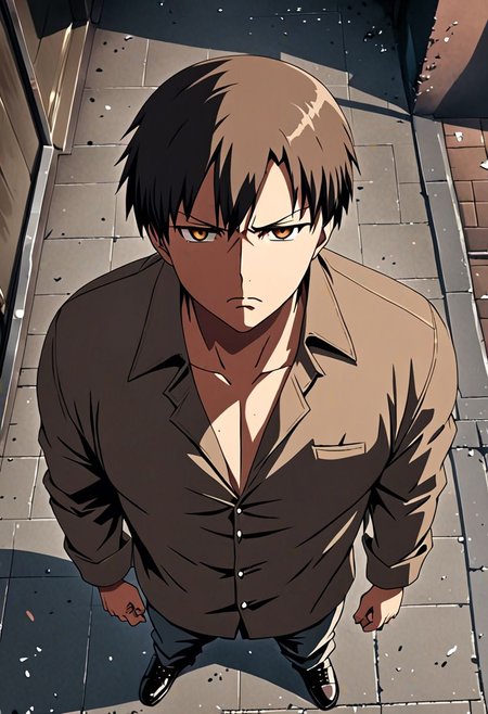 high resolution, solo, best quality, 1Boy, Takaki Toono, Brownish Hair, Brown Eyes, casual, seen from above, gangster, dominant, intimidate, OverallDetail