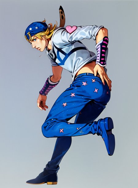 ((young, perfect face)) character turnaround, manga cover, detailed intricate, (masterpiece, best quality:1.3), star pattern pants, hat, portrait, 1boy, (19 yrs:1.1), johnnyjojo, blue eyes, solo, blonde hair, blue nails, simple background, fullbody turnaround,front view, side view back view, male focus, posing, jojo <lora:johnnyJoestarLora_v4:1.1>  <lora:TESTArakiHirohikoArt_v2:0.8> arakistyle artstyle, manga, magazine