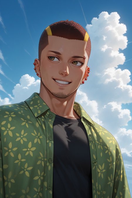 looking away, expressive happy face,male solo, solo, 1boy,  UnjiZuma, facial hair, chin stubble, zuma_ear_piercings, zuma_eyebrow_piercing, zuma_oversized_shirt_with_flower_patterns, tight longsleeves, smiling, outdoors day clouds, blue sky, close up, upper body, from below, dutch angle, dynamic angle, dynamic action, atmospheric perspective, cinematic, intricately detailed illustration, depth of field, masterpiece, best quality, amazing quality, very aesthetic, absurdres, newest, masterpiece, best quality, amazing quality, very aesthetic, detailed eyes, perfect eyes, realistic eyes