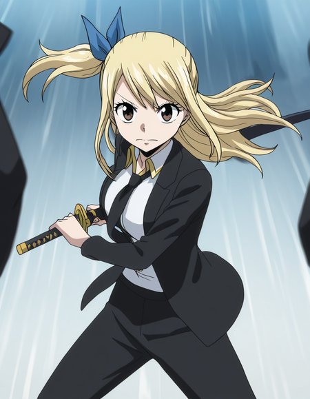 masterpiece, best quality, newest, absurdres, highres, safe,, <lora:lucy-heartfilia-s7-ponyxl-lora-nochekaiser:1>, lucy heartfilia, blonde hair, brown eyes, long hair, one side up, ribbon, hair ribbon, blue ribbon, large breasts, anime screencap, <lora:battoujutsu-stance-illustriousxl-lora-nochekaiser:1>, battoujutsu stance, looking at viewer, holding, weapon, sword, holding weapon, holding sword, standing, katana, sheath, sheathed, fighting stance, ready to draw, shirt, long sleeves, jacket, white shirt, necktie, collared shirt, pants, black jacket, floating hair, black pants, formal, suit, black necktie, black suit, pant suit,, ,