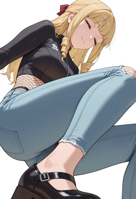 Smooth Quality,masterpiece,very intricate, high quality details, ultra realistic, high detailed skin,detailed enviorement,absurdres,
simple background, white background,
light smile, gentle expression, closed eyes, soft cheeks, relaxed aura,,from below,
fishnet top,  ,rash guard,  ,ripped jeans, , <lora:Fiatoio_Annacnn:0.7> fannacnn, 1girl, blonde hair, green eyes, long hair, blunt bangs, sidelocks, drill hair, mary janes,