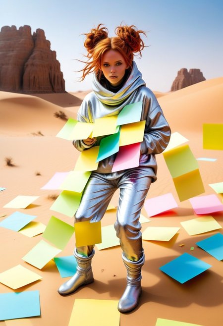 masterpiece, best quality,
1girl, woman, Bunij, ginger hair, hair buns, <lora:Bunij:0.9>, wearing shaggy silver legwarmers, shaggy silver fleece pants, fluffy oversized silver hoodie, in the middle of the Sahara desert, desperately ((fighting a monster made from Jed-StickyN sticky notes))