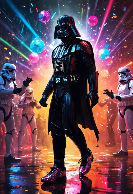 concept art A vibrant and humorous image of Darth Vader participating in a lively disco dance-off. Heâs dressed in his usual dark armor but with a sparkling disco ball helmet and platform shoes. Surrounding him are stormtroopers, also in disco attire, grooving under colorful strobe lights. The scene is filled with exaggerated dance moves and bright, flashy colors, making for a hilarious and entertaining visual<lora:add-detail-xl:1> <lora:MJ52:0.5>  <lora:sss:0.5> <lora:zavy-flrscnc-sdxl:0.3> . digital artwork, illustrative, painterly, matte painting, highly detailed