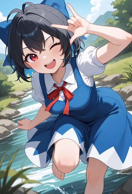 1girl,solo,<lora:naruil:0.8>,hakobe_naru,medium breasts,red eyes,antenna hair,short hair,black hair,hair ribbon,blue ribbon,cirno,dress,blue_dress,puffy_short_sleeves,looking_at_viewer,cowboy_shot,dynamic_angle,smile,:d,hand_up,barefoot,\m/,wink,day,stream,knee_up,leaning_forward,standing on one leg,incredibly absurdres,masterpiece,best quality,good quality,newest,