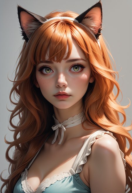 ASCII, photorealistic, OLED, score_9, score_8_up, score_7_up, score_6_up, 1girl, green eyes, soft freckles, copper hair, bangs, strands of hair falling over the face, long hair, cat ears, ((half body, eyes view)), medium breasts, simple grey background  <lora:SnowFoxeij-000006:0.5>, white ribbon choker, looking to viewer, cute face, blue summer dress, cat tail