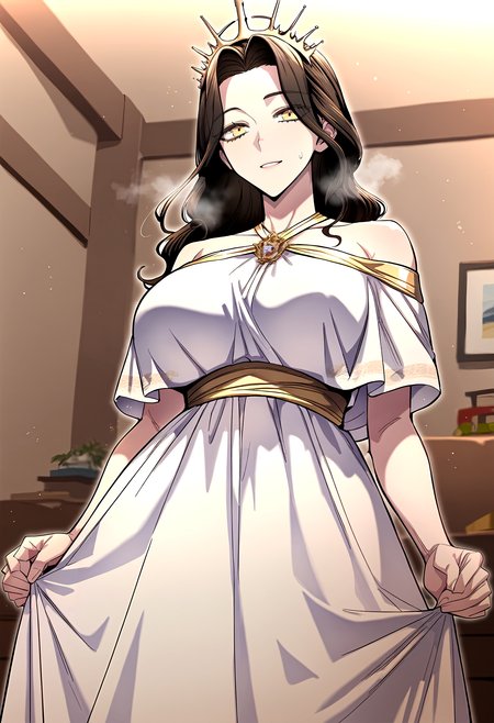 score_9, score_8_up, score_7_up, score_6_up, source_anime, rating_explicit, <lora:neg4all_bdsqlsz_V3.5:2.0>1girl, (solo:1.1), huge breasts, <lora:Queenponyxl:1> long hair, yellow eyes, crown, black hair, brown hair, brown eyes, (forehead:0.8), off-shoulder dress, white dress, light smile, parted lips, Narrow shoulders, heavy breathing, sweat, steaming body, living room, indoor, looking at viewer