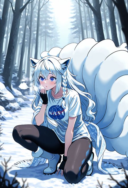 masterpiece, best quality,    zzNinetalesA, 1girl, solo, side braid, messy bangs, white t-shirt, embroidered shawl, fleece-lined leggings, fingerless gloves, fur-lined winter boots, frozen forest, crouched pose. In the heart of a silent, snow-draped forest, she crouches near a half-buried relic, her breath fogging as she studies it closely. The embroidered shawl slung over her t-shirt flutters in the cold wind, and icy branches above her creak softly, as if whispering ancient secrets in the frost.   N4S4,   ,<lora:NASAShirtAnime_IXL_v1:1.0>,   <lora:NinetalesAlolanPokedex_IXL_v1:0.8>,