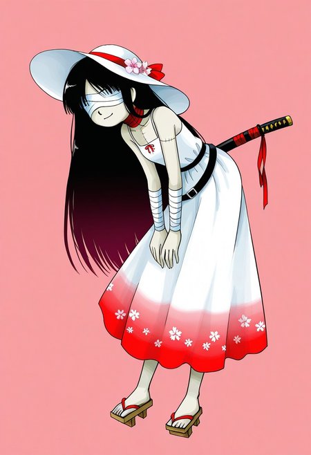 watercolor, aesthetic, colorful, jaggy lines, zun \(style\), BREAK, 1girl, solo, (hunched over, animated corpse, tall, skinny,  (very long hair, very long bangs, straight hair, parted bangs, black hair, red gradient hair,) ((cherry blossom, flower in hair)), (long skirt, sun dress, white dress, gradient dress, red gradient dress), (white_summer_hat with red ribbon, red_ribbon), belt, black belt, katana sheath on belt, (stitches on body, white wraps, white bandages, bandages over eyes, arm wraps, neck wrap), geta, leaning forward), smile, full body, simple background,