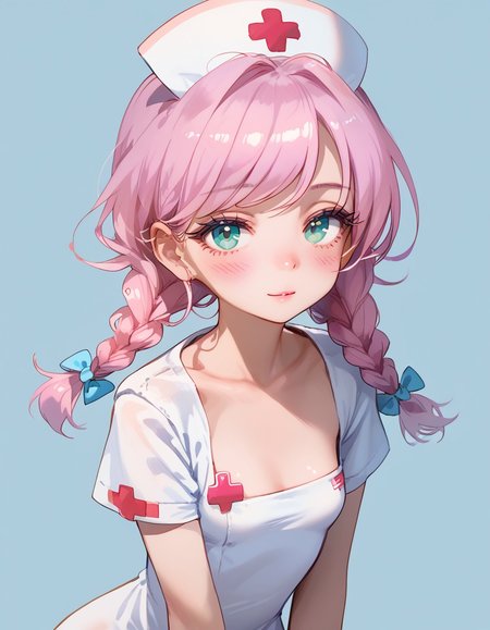 score_9,score_8_up,score_7_up, 1girl, flat chest, tiny tits, 24yo, fair skin, lilac hair, twin braids, swept bangs, turquoise eyes, black long eyelashes, blush, skinny, slender waist, medium rounded breasts. nurse cap, nurse scrub, seductive, high quality, embedding:zPDXL3, smudgy, liu2, kyuyongeom, embedding:safe_pos