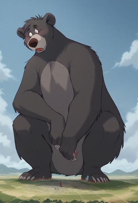 score_9, score_8, score_7, score_6, masterpiece, high quality, (baloo:1.2, bear), two tone fur, dark grey and light grey fur, male, brown eyes, ((macro)), ((giantess)) size, mega size, landscape, cityscape, extremely tiny city, from below, foot focus, foreshortening, clouds, impact, looking down, shocked, ((squatting flat on ground)), presenting both feet,
blue sky, outdoors, masterpiece, pastel colors, muted colors,
