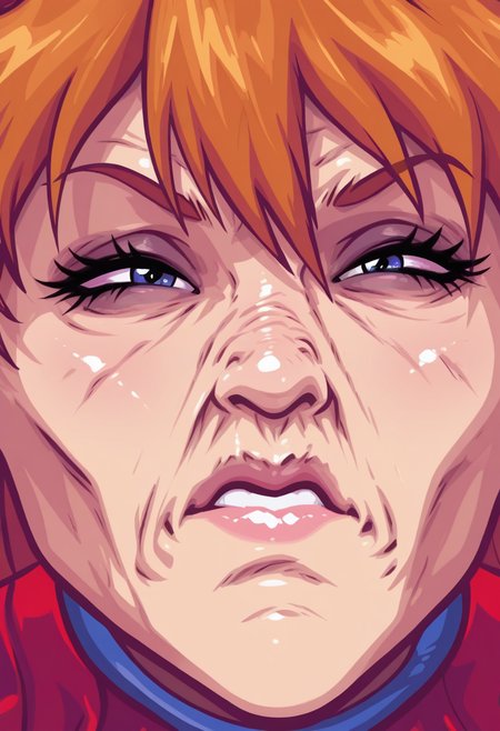 55Mstyle, gonzossm style,  masterpiece, best quality, solo,   asuka langley, ginger hair, close up of face, grouchy, wrinkles, parody, 