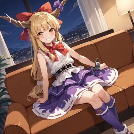 masterpiece, best quality, score_9, score_8_up, score_7_up, full body, 1 girl, looking at viewer, cowboy shot, dutch angle, indoors, sitting on couch, living room, night, blush, smile, ibuki suika, horns, blonde hair, low-tied long hair, hair bow, yellow eyes, sleeveless white latex shirt, belt, purple latex skirt, shackles, layered skirt, brown latex boots, flat boots