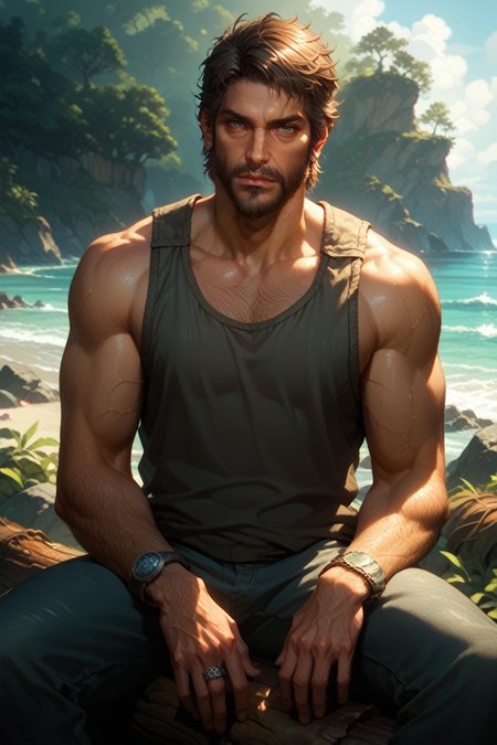 score_9, score_8_up, score_7_up, score_6_up
<lora:TLOUJoel:1.0>
TLOUJoel, 1boy, brown hair, beard, looking at viewer, male model in a tank top, sitting on a large driftwood log, beach in the background, calm ocean, soft lighting, peaceful and relaxed atmosphere
